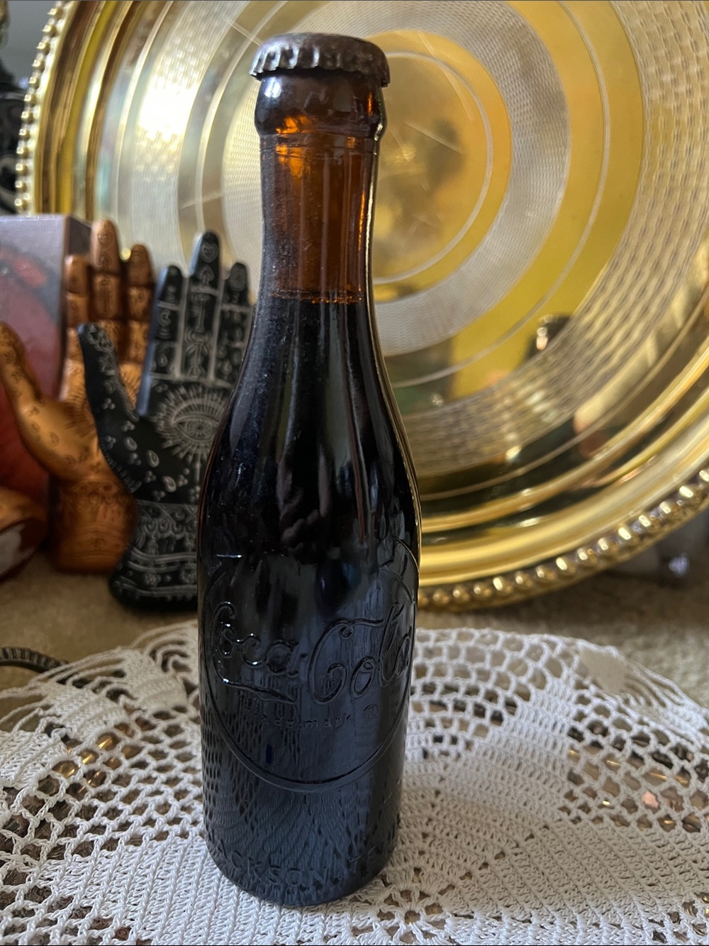 Vintage unopened Coca-Cola Amber and Dark Brown Embossed Glass Bottle